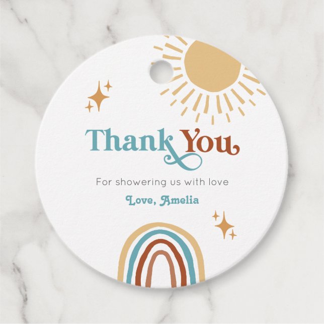 Här kommer Son Retro Boho Boy Shower Gåvor Etiketter (Framsida)