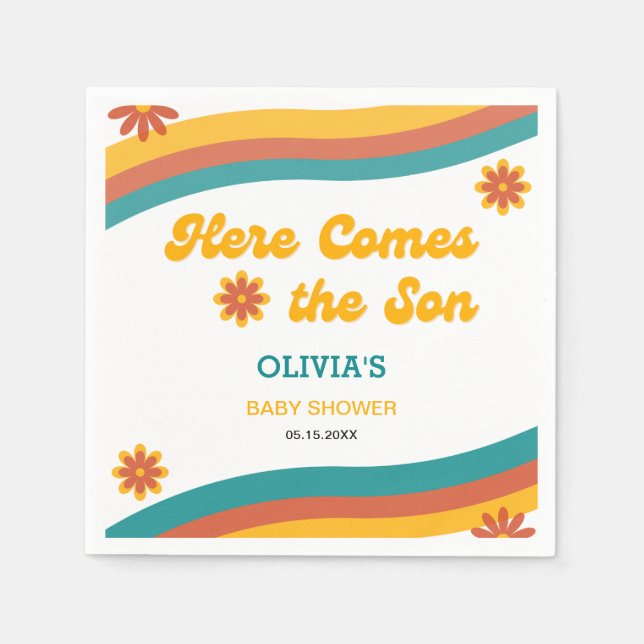 Här kommer Son Retro Boy Baby Shower Party Pappersservett (Framsidan)