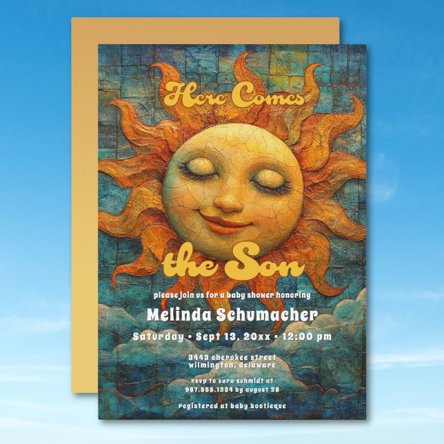 Här kommer Son Retro Celestial Baby Shower Inbjudningar (Here Comes the Son Retro Celestial Baby Shower Invitation)