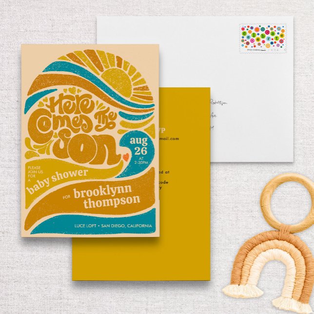 Här kommer Son Retro Pojke Baby Shower Inbjudningar (Skapare uppladdad)