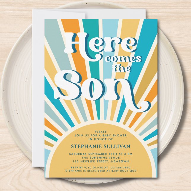 Här kommer Son Retro Sol Baby Shower Inbjudningar (Skapare uppladdad)