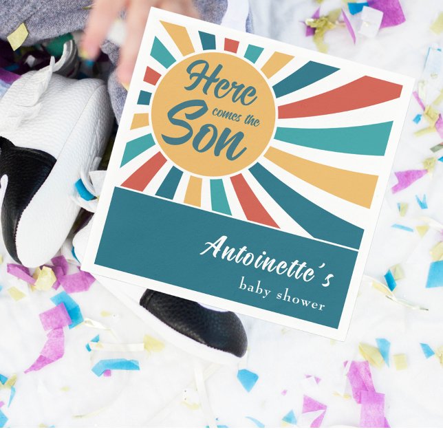 Här kommer Son Retro Sol Baby Shower Pappersservett (Skapare uppladdad)