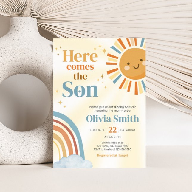 Här kommer Son Retro Sunshine Baby Shower Inbjudningar (Here Comes the Son Retro Sunshine Baby Shower Invitation)