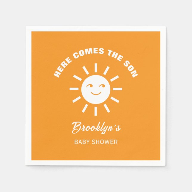 Här kommer Son Sol Baby Shower Orange White Pappersservett (Framsidan)