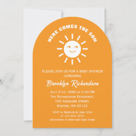 Här kommer Son Sol Orange White Baby Shower Inbjudningar