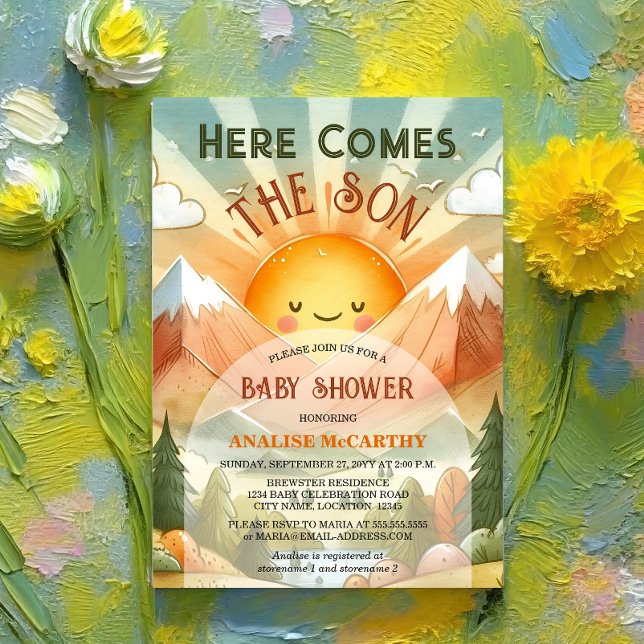 Här kommer Son Solskine-babyduschen Inbjudningar (Celebrate the birth of your son by inviting your baby shower guests with this retro and fun invite.)