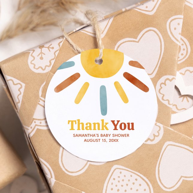 Här kommer Son Sunshine Baby Shower Round Gåvor Etiketter (Here comes the Sun Baby Shower Round Favor Tags)
