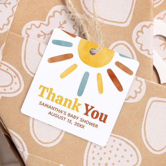Här kommer Son Sunshine Baby Shower Square Gåvor Etiketter (Here comes the Sun Baby Shower Square Favor Tags)