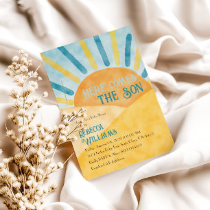 Här kommer Son Sunshine Blue Gult Baby Shower Inbjudningar