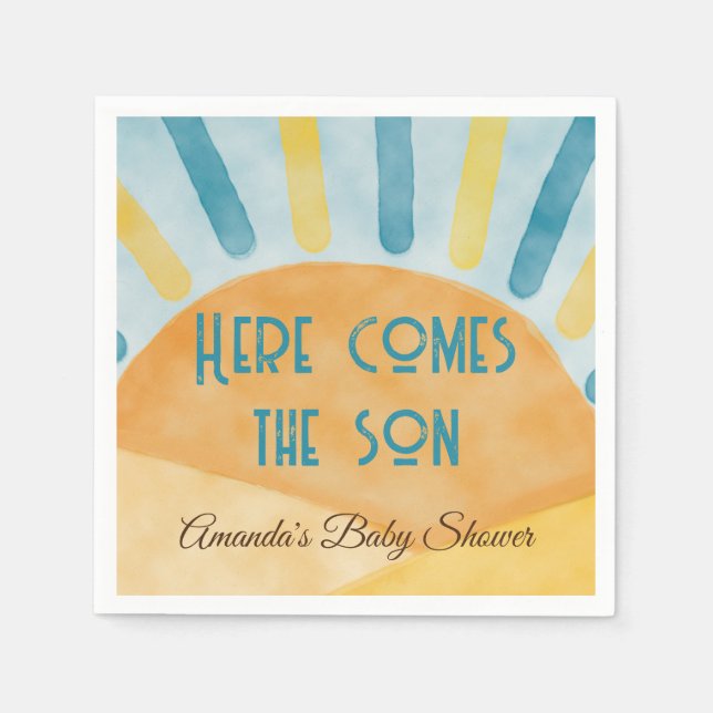 Här kommer Son Sunshine Blue Ray Baby Shower Pappersservett (Framsidan)
