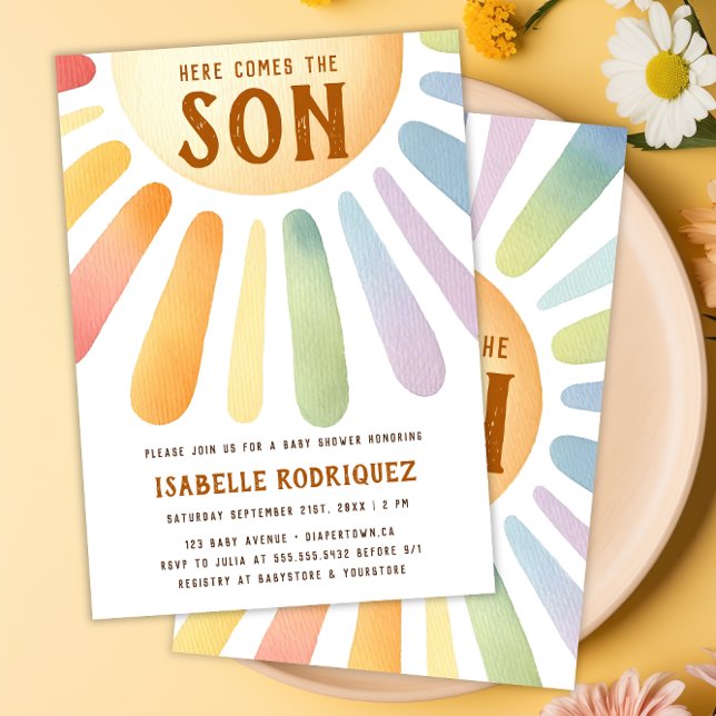 Här kommer Son Sunshine Boho Boy Shower Inbjudningar (Here Comes the Son Sunshine Boho Boy Baby Shower Invitation)