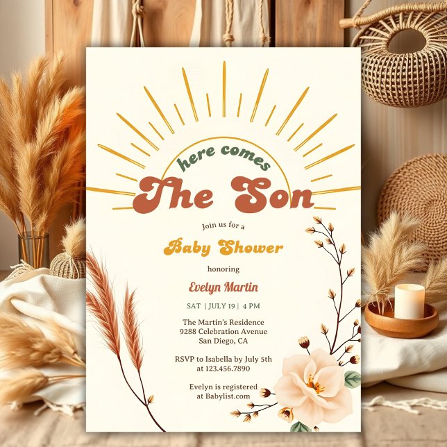 Här kommer Son Sunshine Boho Boy Shower Inbjudningar (Here Comes The Son Sunshine Boho Boy Baby Shower Invitation)