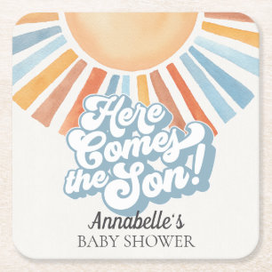 Här kommer Son Sunshine Boy Shower Party Underlägg Papper Kvadrat