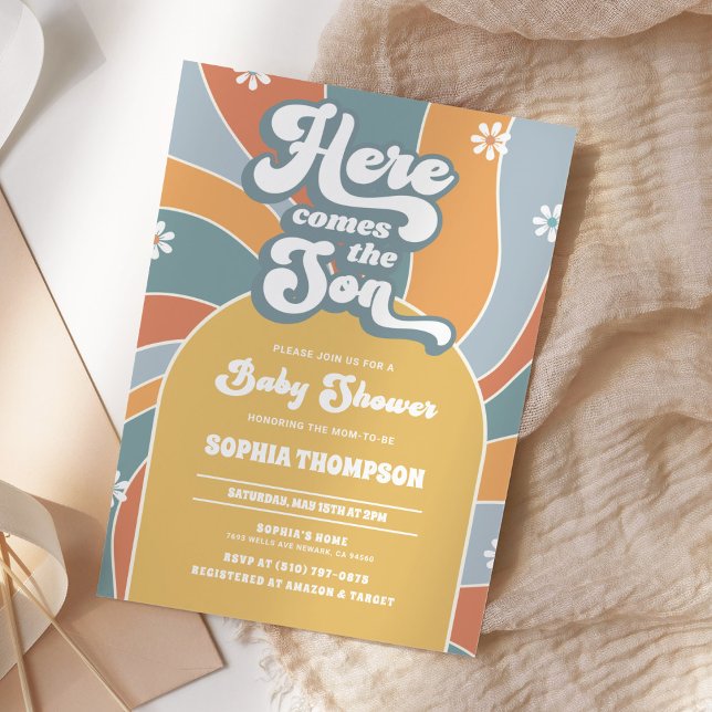 Här kommer Son Sunshine Groovy Baby Shower Inbjudningar (Skapare uppladdad)