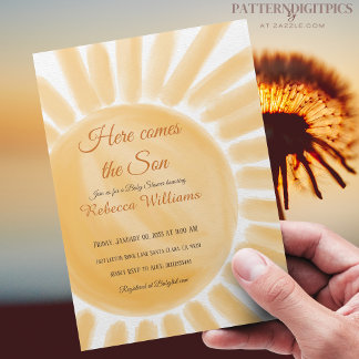 Här kommer Son Sunshine Ray Gult Baby Shower Inbjudningar