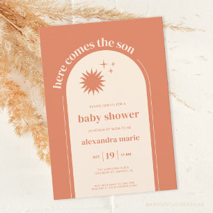 Här kommer Son Terracotta Boho Baby Shower Inbjudningar