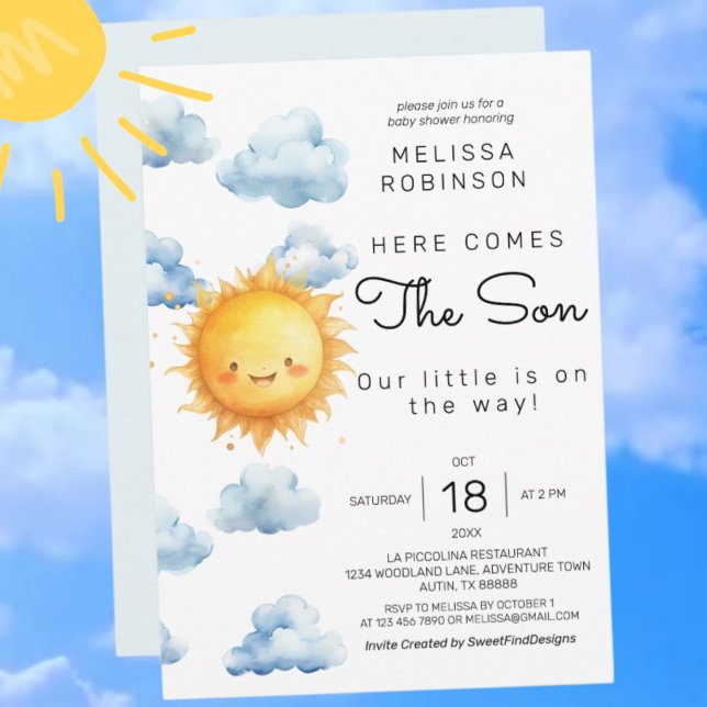 Här kommer Son Watercolor Pojke Shower Inbjudningar (Here comes the Son Watercolor Baby Boy Shower Invitation)