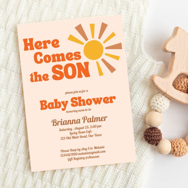 Här kommer sonduschskårens barnsäng. inbjudningar (Here comes the son groovy retro baby shower invitation editable template instant download)