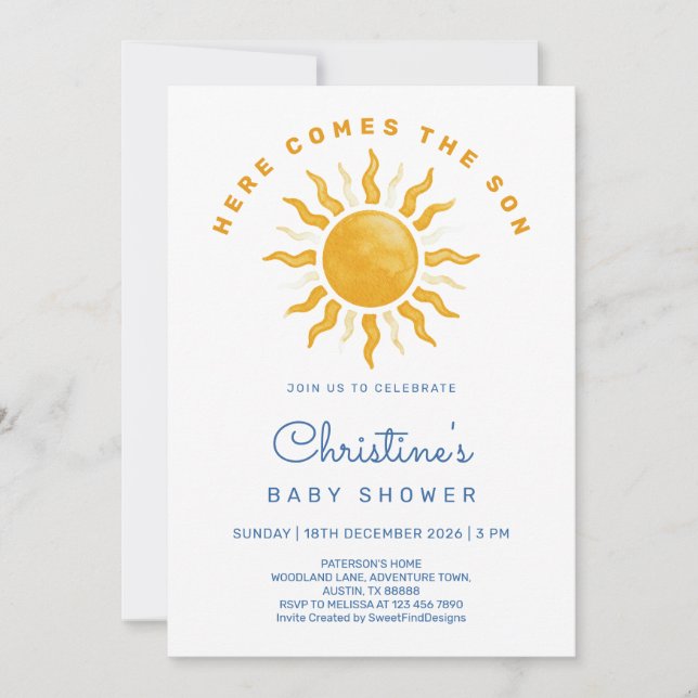 Här kommer sonen baby boy shower inbjudningar (Framsida)
