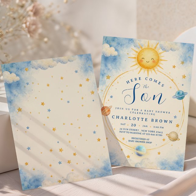 Här Kommer Sonen Baby Boy Shower Inbjudningar (Here Comes the Son Baby Boy Shower Invitation)