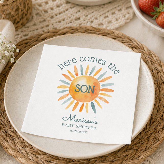 Här Kommer Sonen Baby Boy Shower Pappersservett (elegant retro here comes the son baby boy shower paper napkins with custom name and date)