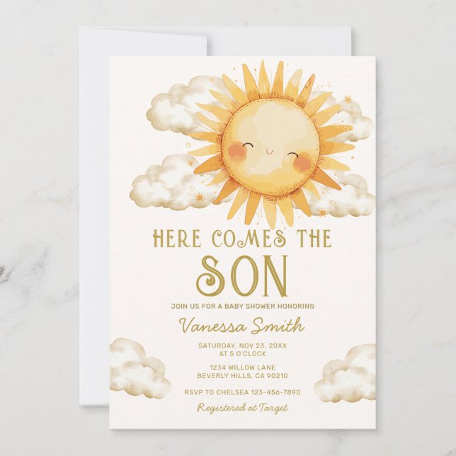Här kommer sonen Baby Shower Inbjudan (Framsida)
