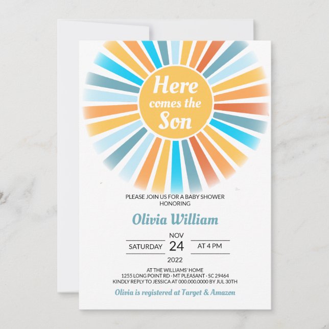 Här kommer sonen Baby Shower  Inbjudningar (Framsida)