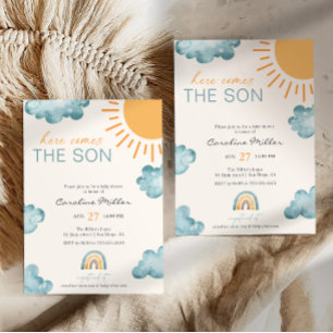 Här kommer sonen Baby Shower Pojke Blå Inbjudningar