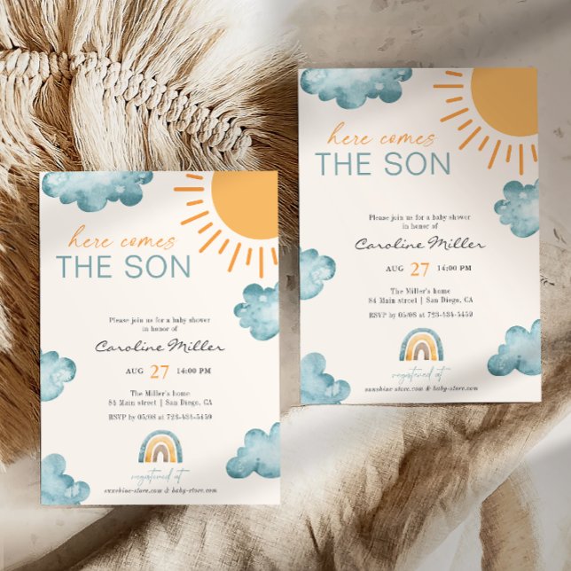 Här kommer sonen Baby Shower Pojke Blå Inbjudningar (Skapare uppladdad)