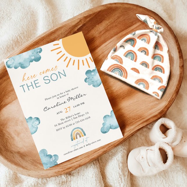 Här kommer sonen Baby Shower Pojke  Inbjudningar (Skapare uppladdad)