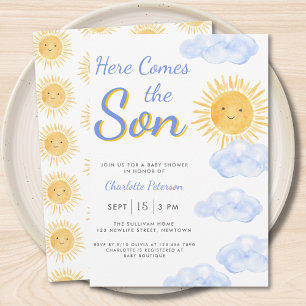 Här kommer sonen Baby Shower Pojke Inbjudningar