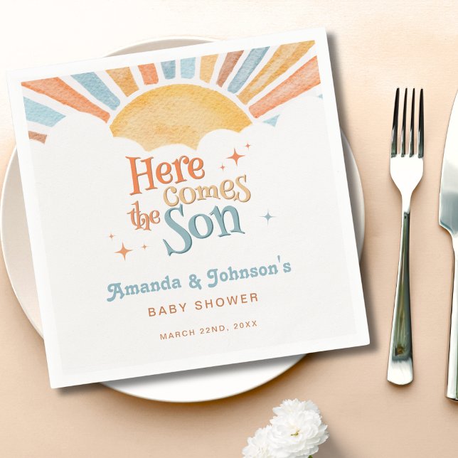Här kommer sonen Baby Shower Pojke Sol Pappersservett (Skapare uppladdad)