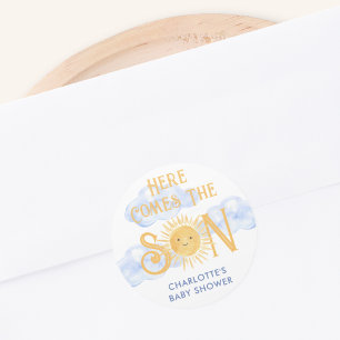 Här Kommer Sonen Baby Shower Runt Klistermärke
