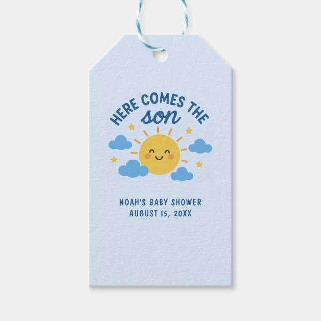 Här kommer sonen Baby Shower - Solsken  Presentetikett (Framsidan)