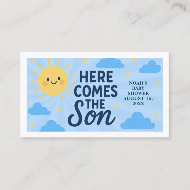 Här kommer sonen Baby Shower - Solsken  Visitkort (Framsida)