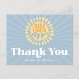 Här kommer sonen Baby Shower Tack-kort Vykort