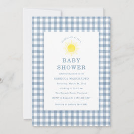 Här kommer sonen Blå Gingham Baby Shower Inbjudningar
