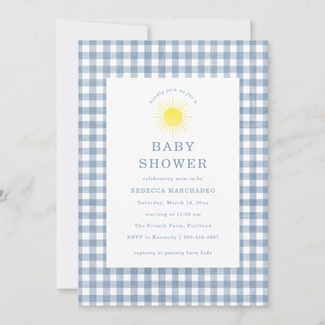 Här kommer sonen Blå Gingham Baby Shower Inbjudningar (Framsida)