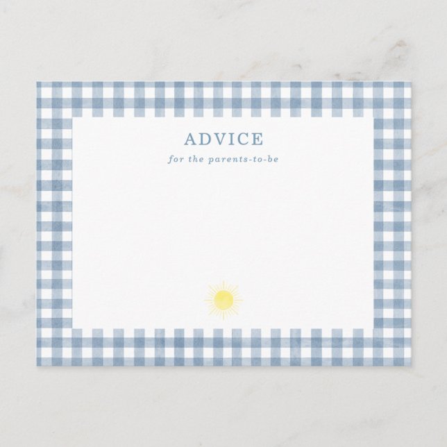 Här kommer sonen Blå Gingham Baby Shower Råd (Framsida)