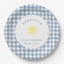 Här kommer sonen Blå Gingham Pojke Babyfirande