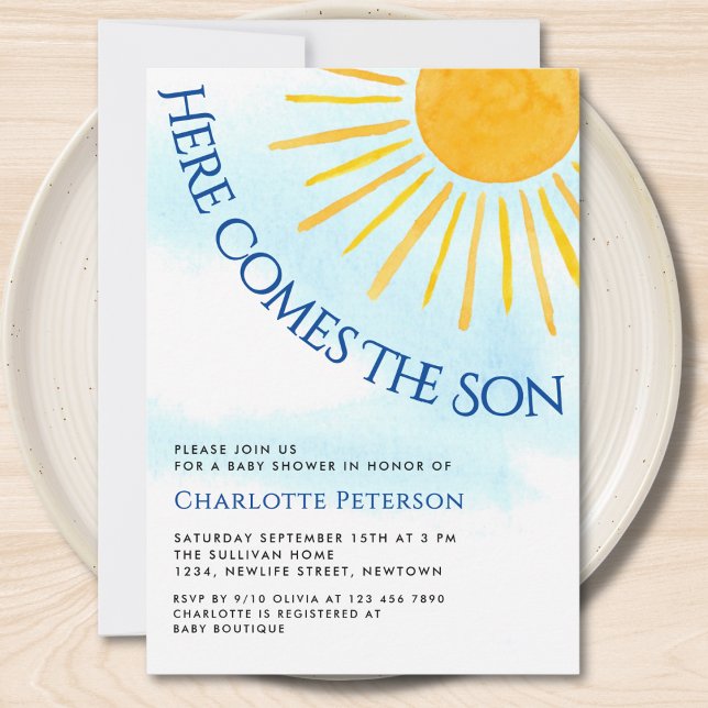 Här kommer sonen Blå himmel Baby Shower Inbjudan (Skapare uppladdad)