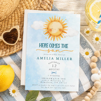 Här kommer sonen Blue Sky Boy Baby Shower Inbjudningar