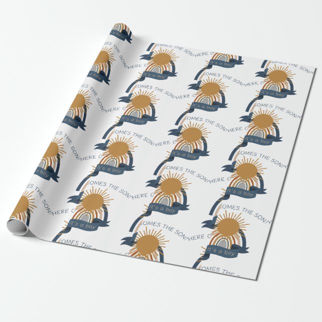 Här kommer sonen Boho Pojke Baby Shower Presentpapper (Utrullad)