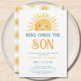 Här kommer sonen Gul solsken baby shower Inbjudningar