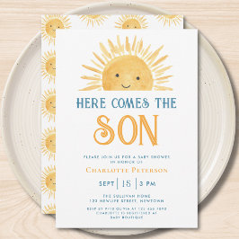 Här kommer sonen Gul solsken baby shower Inbjudningar