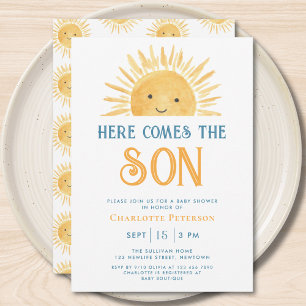 Här kommer sonen Gul solsken baby shower Inbjudningar