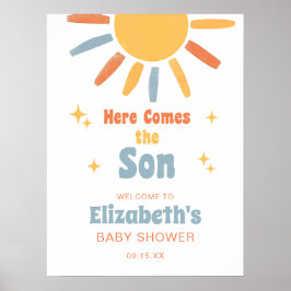 Här kommer sonen pojke baby shower välkomstskylt poster