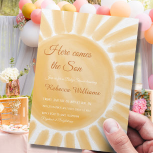 Här kommer sonen Ray Yellow Sunshine Baby Shower Inbjudningar