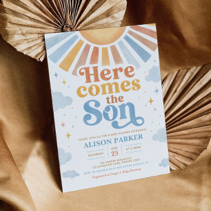 Här kommer sonen: Retro pojke baby shower Inbjudningar
