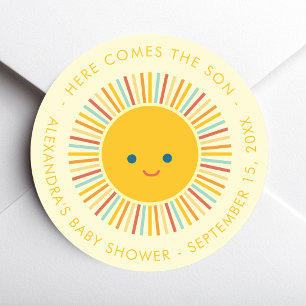 Här kommer sonen Solpojke Baby Shower  Runt Klistermärke